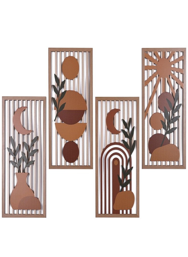 suruim Orange Boho Wall Art Set of 4, Abstract Geometric Wooden Terracotta Wall Decor, Mid-Century Modern Aesthetic Artwork with Arch, Vase & Botanical Design for Modern Home Decor for Bedroom, Office & Living Room(B) - Image 1